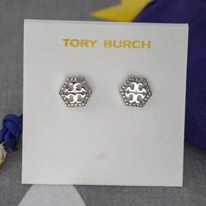 Tory Burch Hex Pavé Stud in Silver Earrings